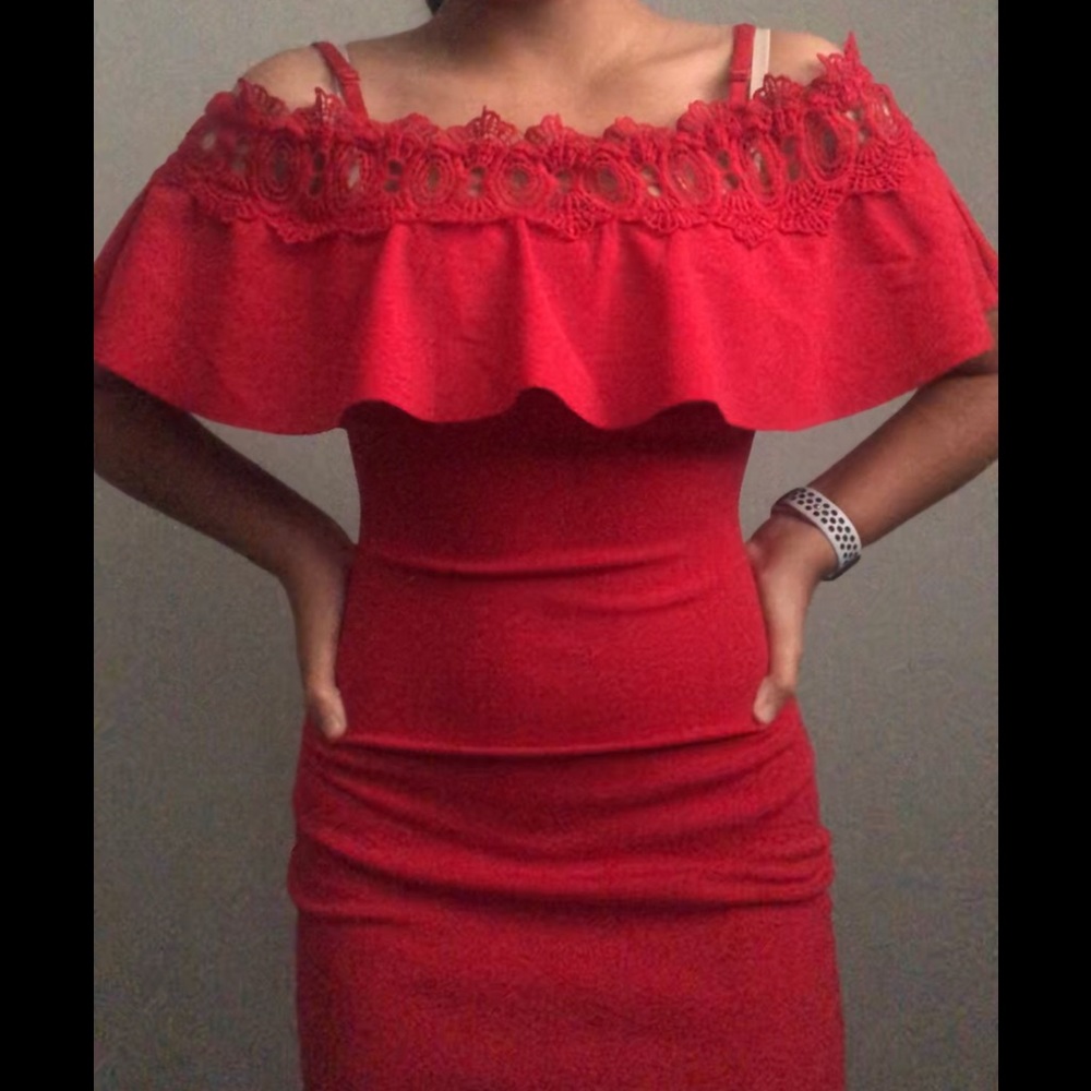 off the shoulder red dress
